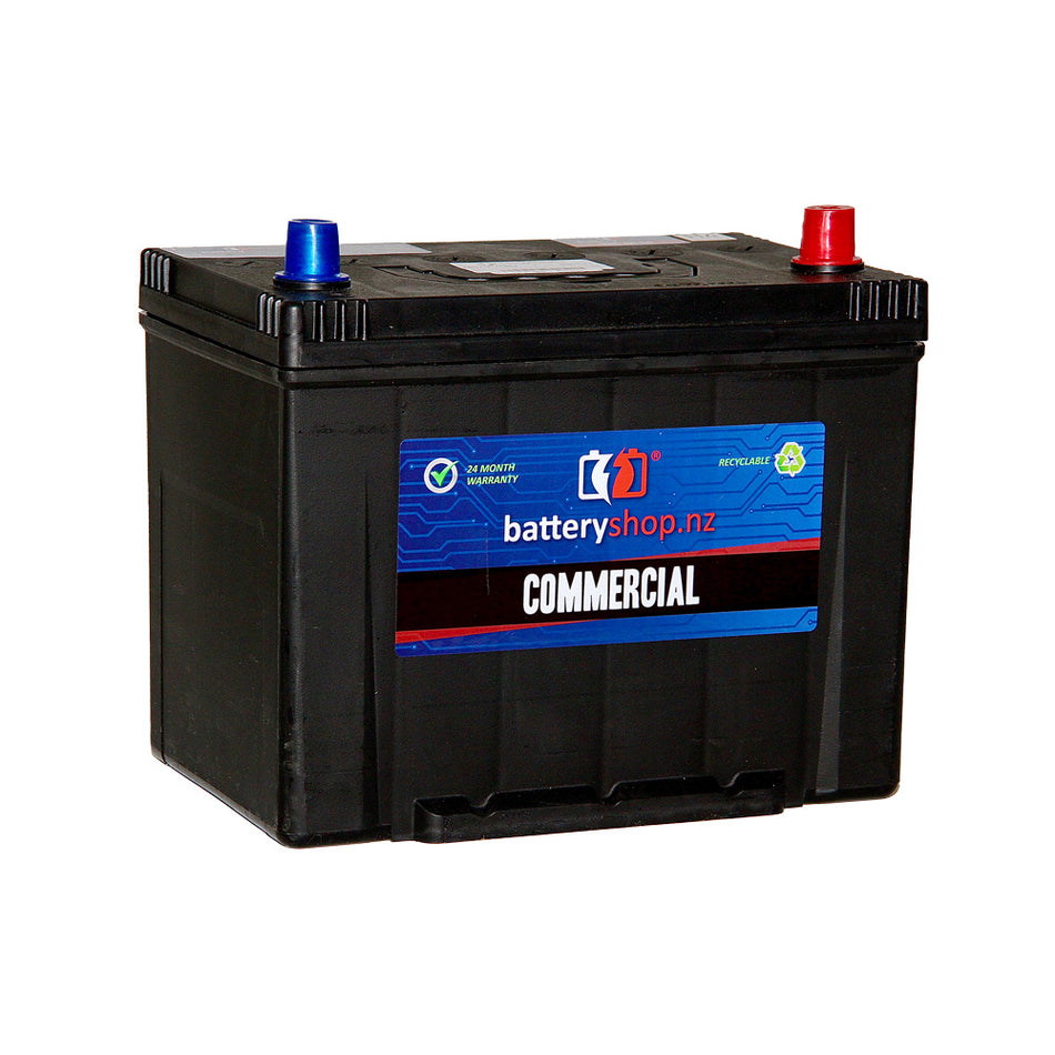 Batteryshop.nz Heavy Duty Commerical Battery CAL 12V 680CCA.  Angled view showing label and terminals.