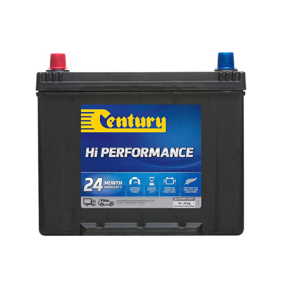 Century Battery Commercial CAL 12V 600CCA-NS70MF. Front view of black battery with yellow Century logo on blue label on front.