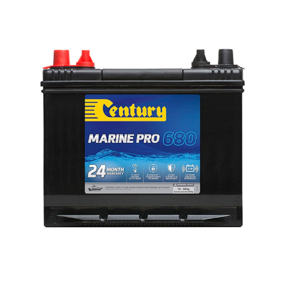 Century Battery Marine CAL 12V 680CCA-NS70MMF. Front view of black battery with yellow Century logo on blue label on front.