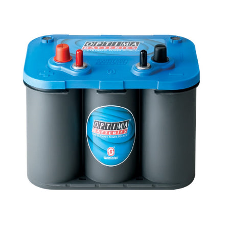 Optima Battery Marine 12V AGM 800CCA-OPT34M. Front view of rounded grey battery with blue top and Optima logo on blue label on front.