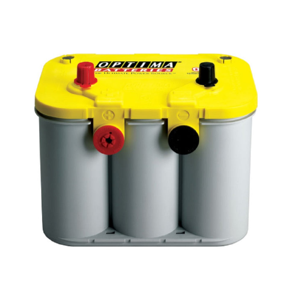 Optima Battery Dual Purpose 12V AGM 750CCA-OPTD34. Front view of grey rounded battery with yellow top and Optima logo on top