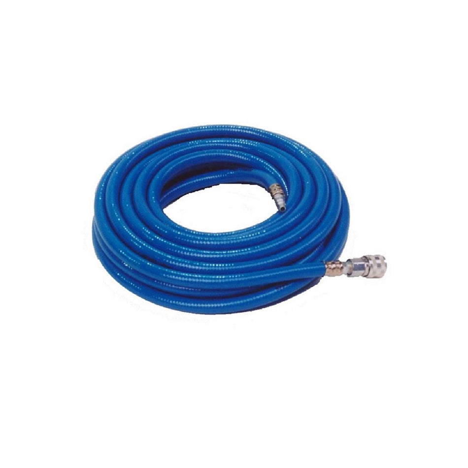 Hindin Marquip Hose Assy Air Blue 20m-PH150020. Front view of coiled blue hose with silver couplings on the ends.