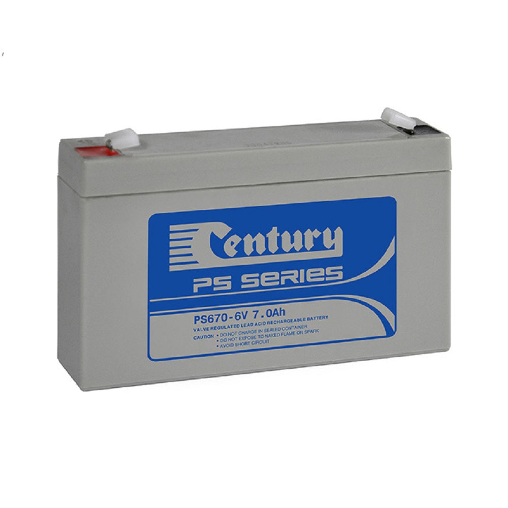 Century Vrla Sealed Battery 6 Volt 7Ah-PS670. Front view of grey battery with grey Century logo on blue label on front. 