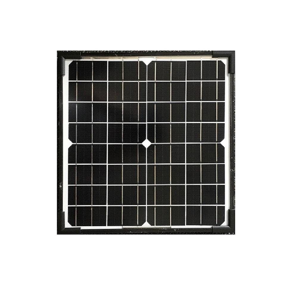 Power Train Solar Panel 20 Watt with Regulator-PTSC20W.  Front view of black square solar panel with white grid lines running across it.