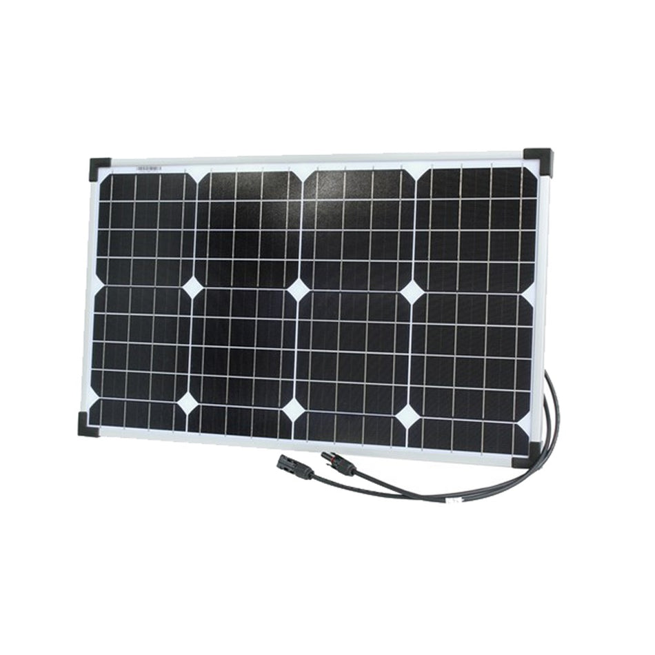 Power Train Solar Panel 40 Watt With Regulator-PTSPC40W. Front view of black rectangle solar panel with white grid lines on front.