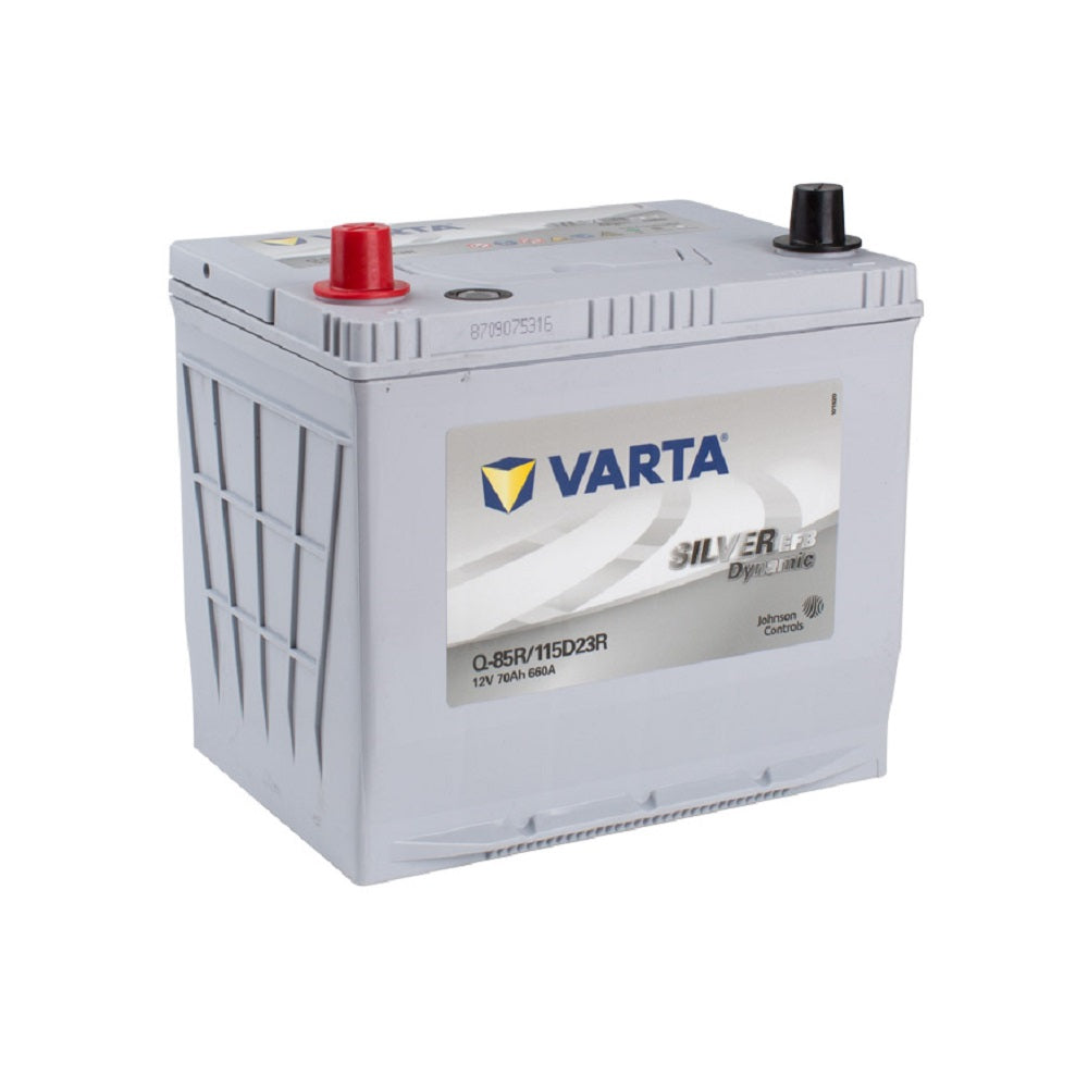 Varta Battery Automotive EFB 12V 660CCA (ISS)-Q85REFB. Front view of grey battery with blue Varta logo on white and grey label on front.