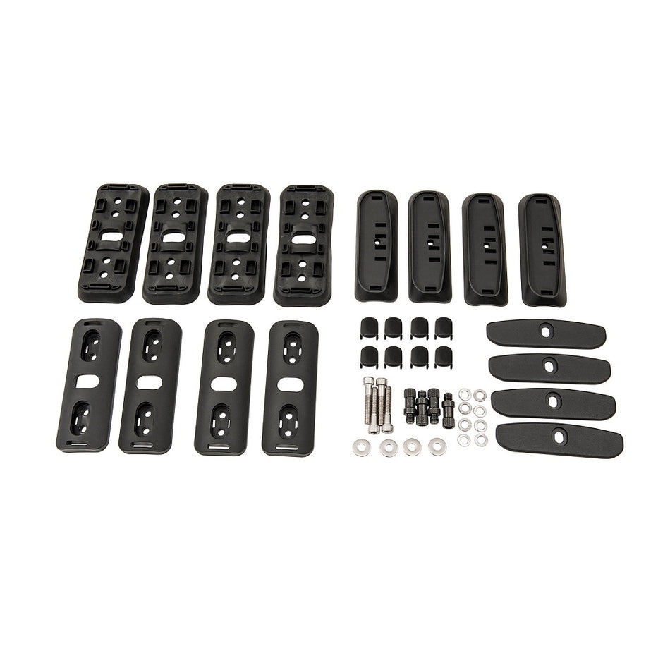 Rhino-Rack RCP Base Kit (x4)-RCP47-BK. Front view of moulded pads and screws, adaptors and washers.