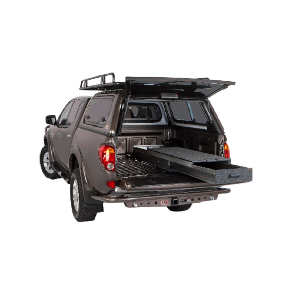 ARB Roller Floor/Slide Out Tray Mid-Height 945mm -RFH945 Front view of open back of Ute with draw extended.