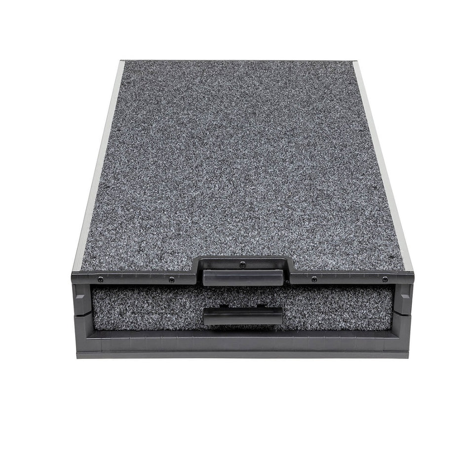 ARB Roller Floor with Slide Out Tray 1045mm-RF1045. Front view of Slide Out Tray covered in grey carpet.