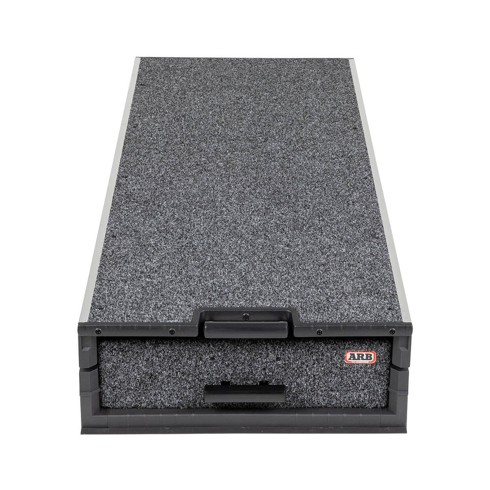 ARB Roller Floor/Slide Out Tray Mid-Height 945mm-RFH945. Front view    of ARB Drawer with grey carpet on the top and front.