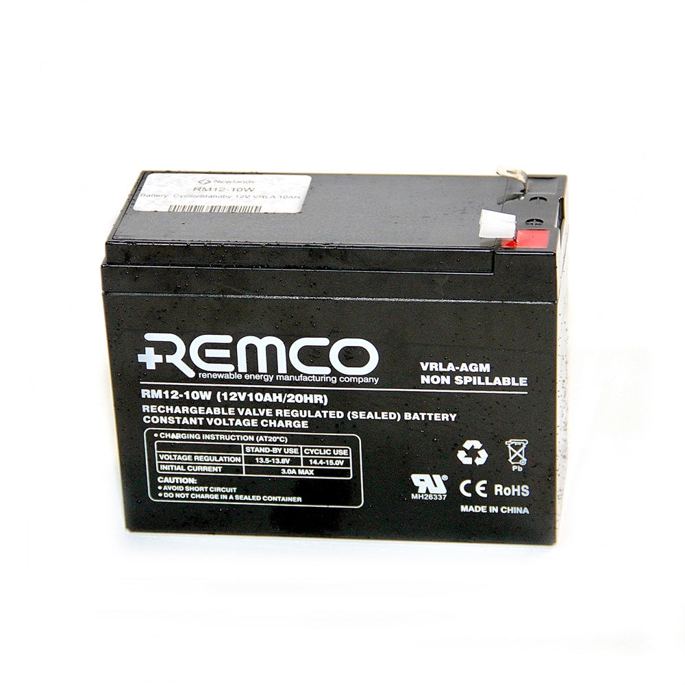 Remco Battery: Cyclic/Standby 12V VRLA 10AH-RM12-10W. Front view of black battery with white Remco logo and white writing on front.
