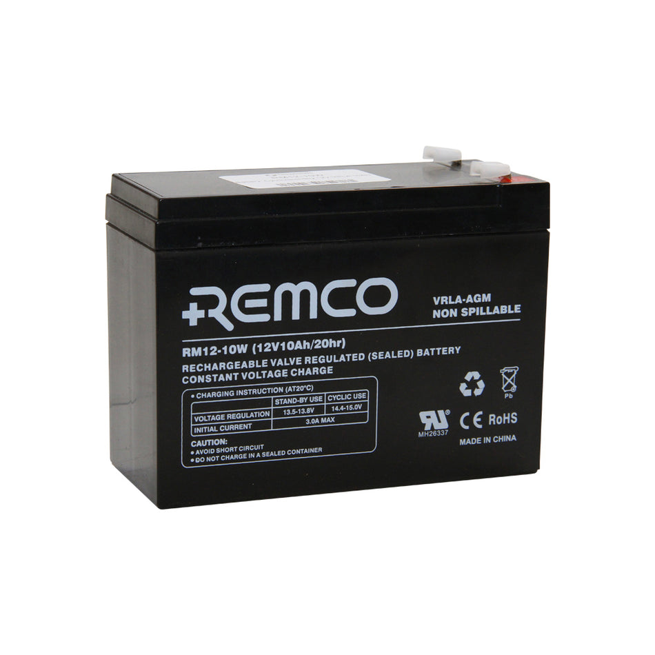 Remco Battery: Cyclic/Standby 12V VRLA 10AH - RM12-10W.  Angled view showing branding, specifications and terminals.