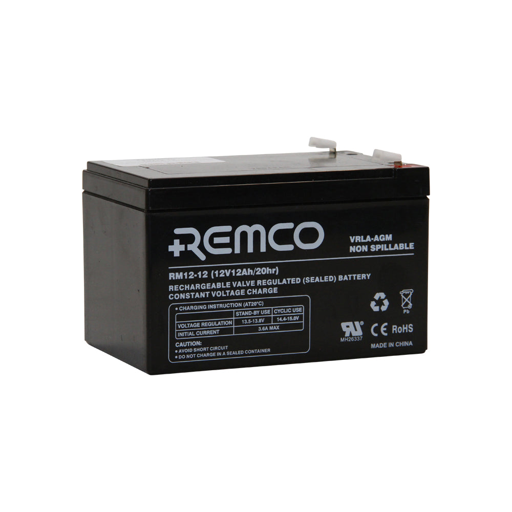 Remco Battery: Cyclic/Standby - 12V AGM-VRLA 12AH.  Angled view showing branding, specifications and terminals.