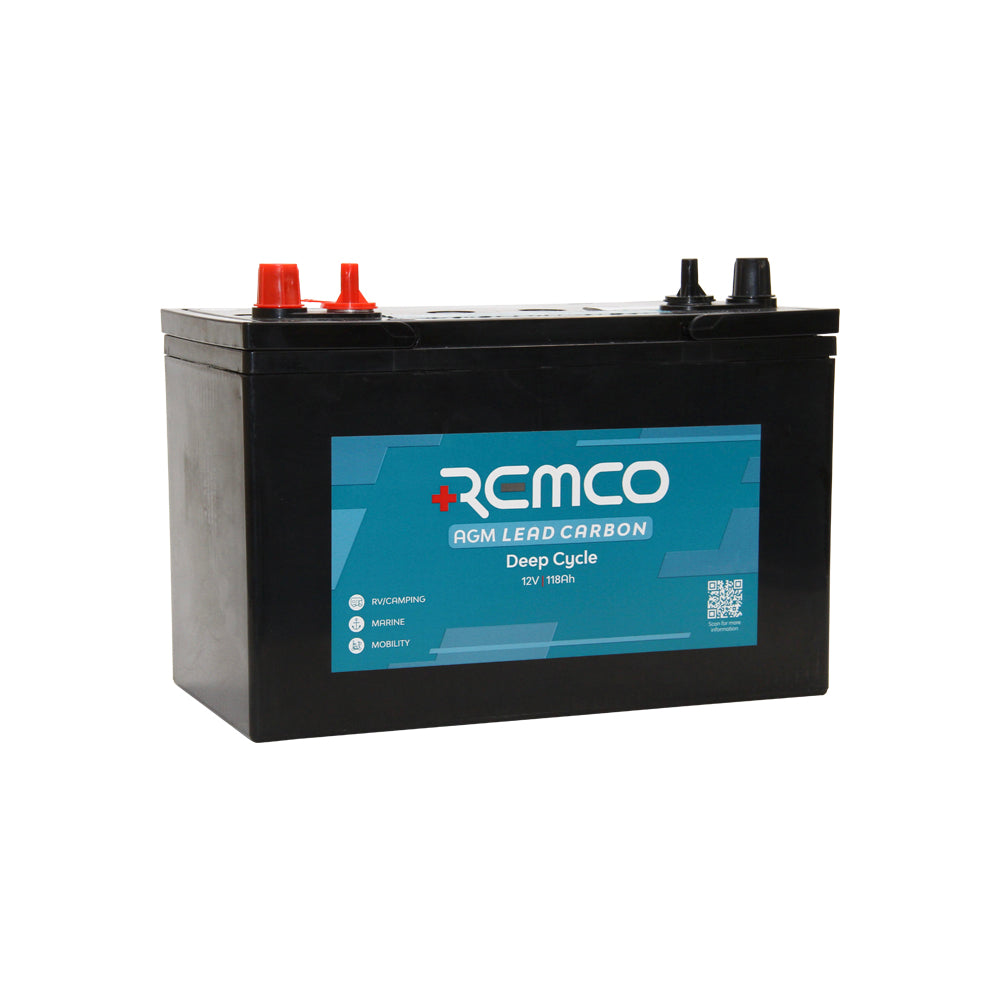 Remco Battery: Deep Cycle Lead Carbon 12V 120AH - RM12-120LC.  Angled view showing label and terminals.