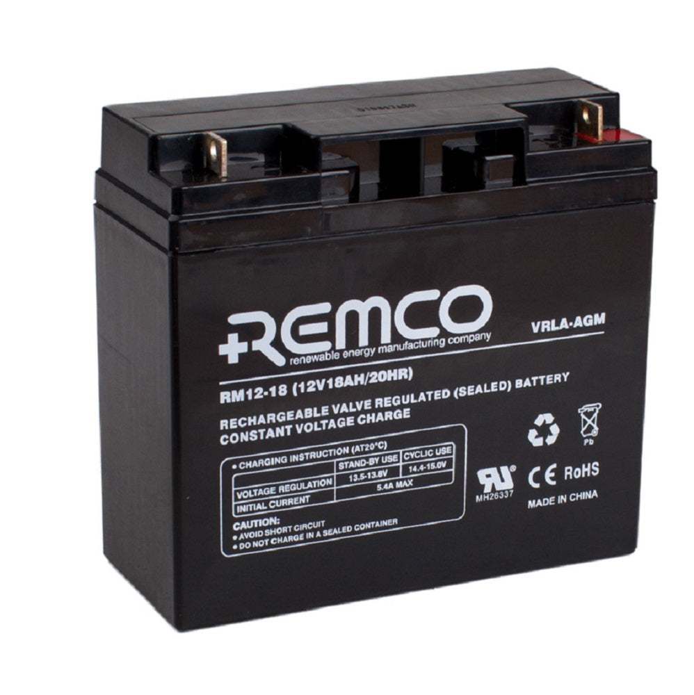 Remco Battery: Cycle/Standby VRLA 12V 18AH - RM12-18.  Angled view showing branding, specifications and terminals.