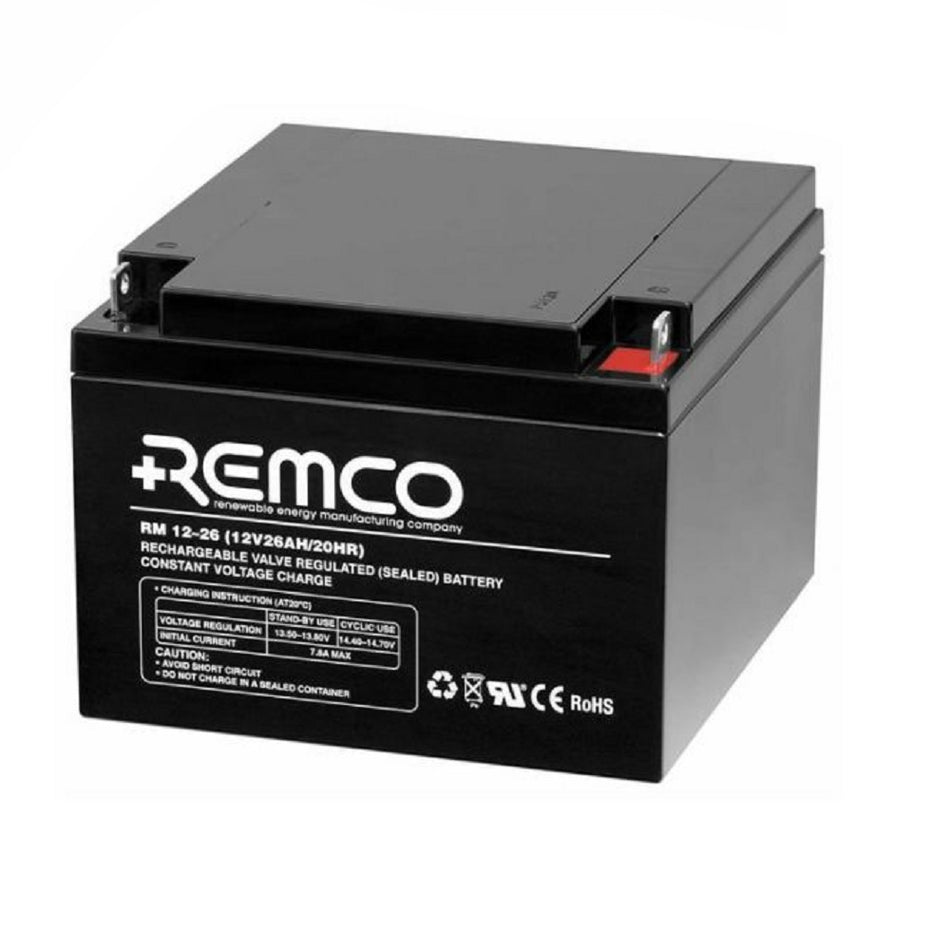 Remco Battery: Deep cycle 12V VRLA 26AH-RM12-26DC. Front view of black battery with white Remco logo and white writing on the front.