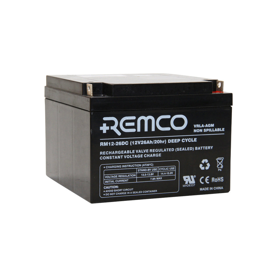 Remco Battery: Deep Cycle 12V VRLA 26AH - RM12-26DC.  Angled view showing label and terminal configuration.