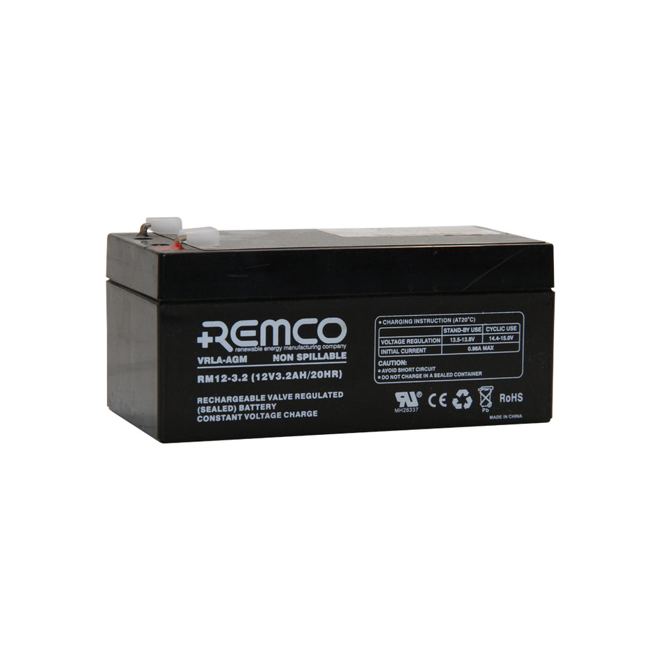 Remco Battery: Cyclic/Standby 12V VRLA 3.2AH.  Angled view showing branding, specifications and terminals.