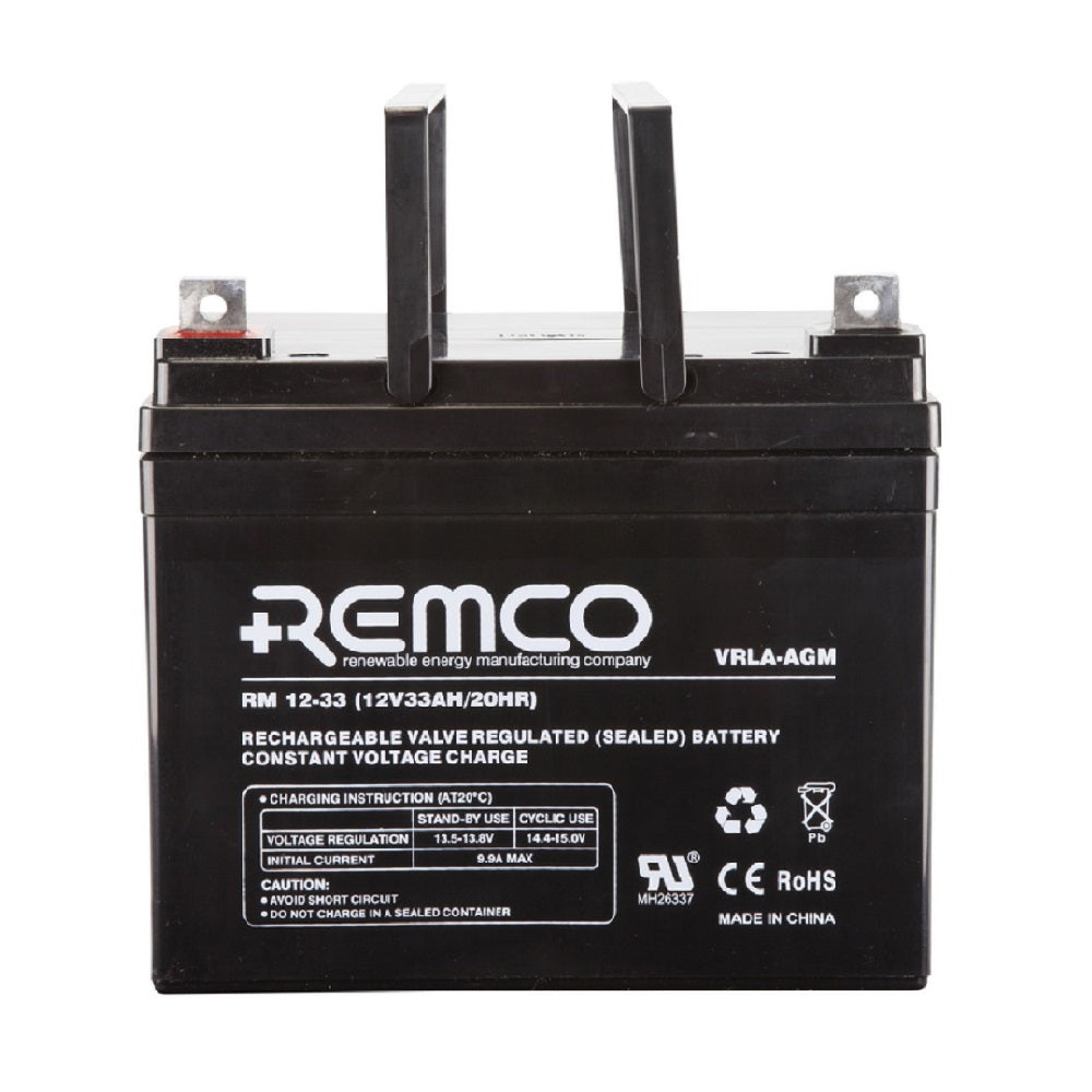 Remco Battery: Cycle/Standby AGM 12V 33AH.  Front view showing branding, specifications, handles and terminals.