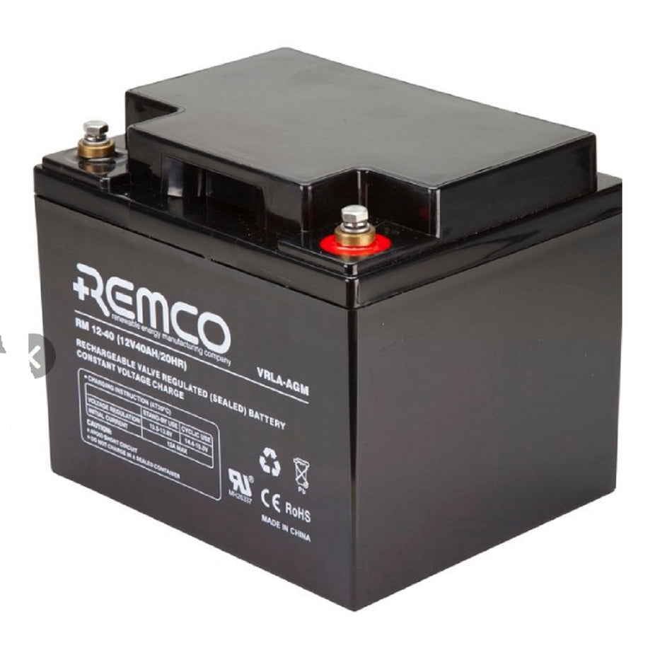 Remco Battery: Cyclic/Standby 12V VRLA 45AH.  Angled view showing branding and terminals. 