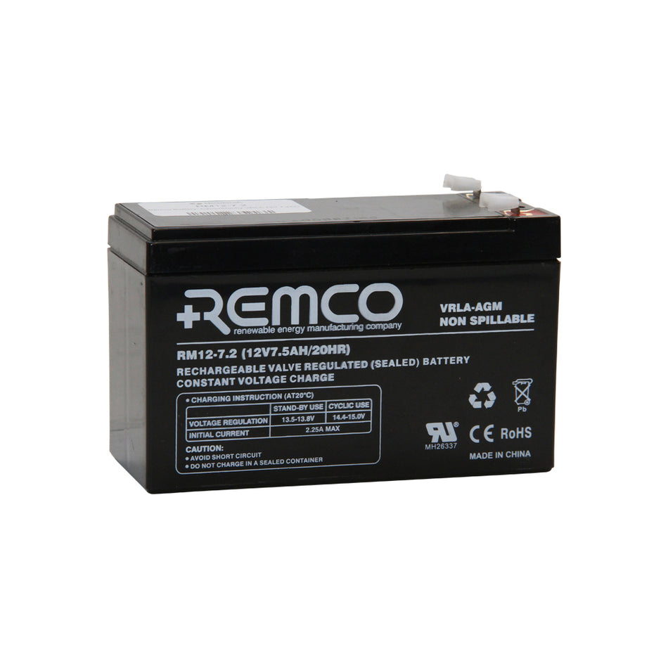 Remco Battery: Cycle/Standby VRLA 12V 7.2AH.  Angled view showing branding, specifications and terminals.