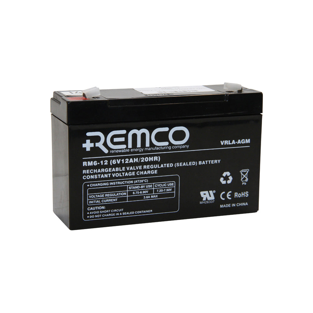 Remco Battery: Cycle/Standby AGM 6V 12AH.  Angled view showing branding, specifications and terminals.