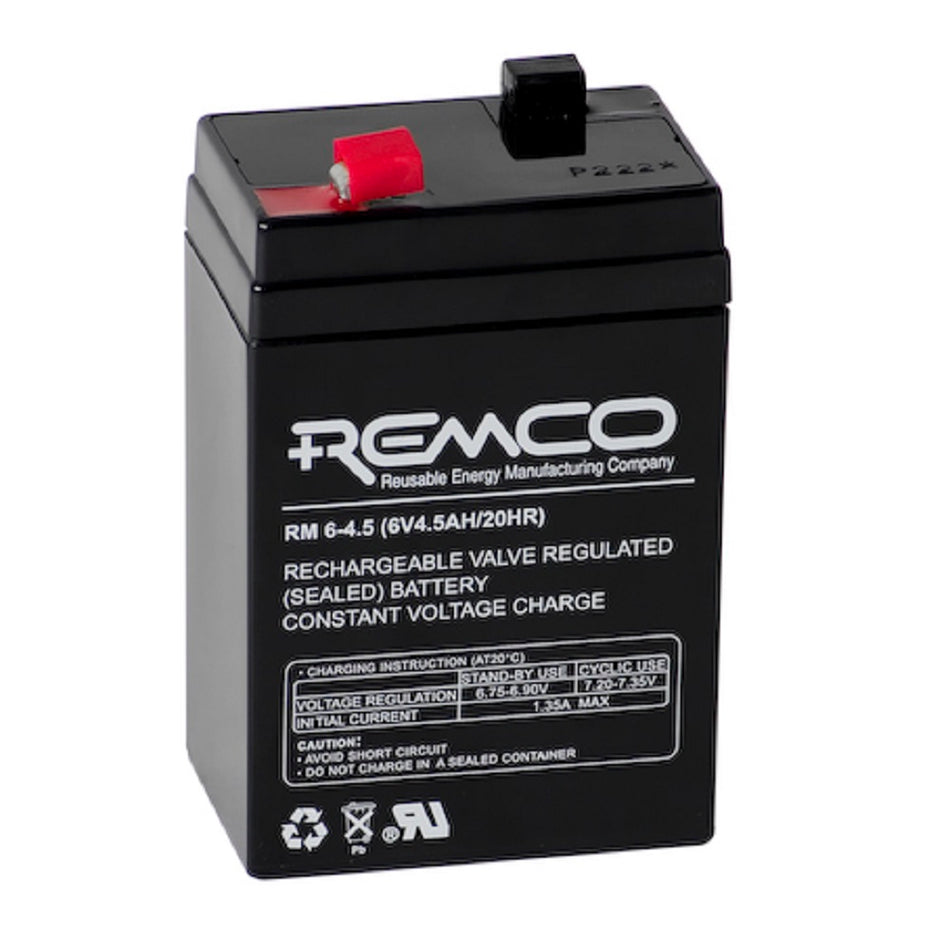 Remco Battery: Cycle/Standby VRLA 6V 4AH. Angled view showing branding and terminals.