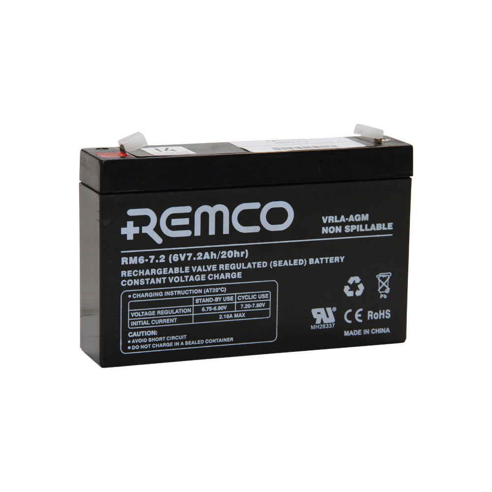 Remco Battery: Cycle/Standby VRLA 6V 7.2AH.  Angled view showing branding and terminals.