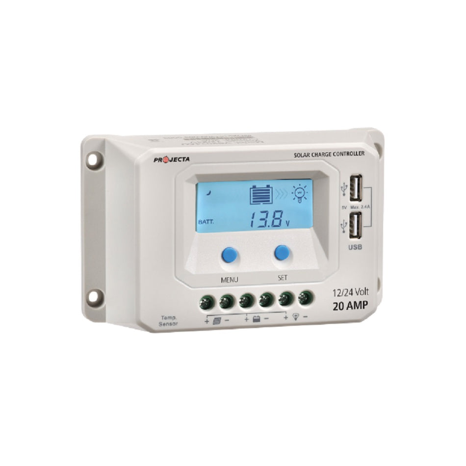 Projecta Solar Controller 12/24V 20A-SC220. Front view of white controller with LCD screen and USB ports on front.