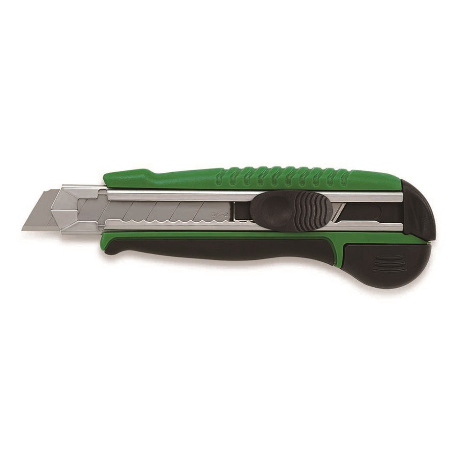 Toptul Knife Utility Auto Reload-SCAC1817. Front view of green and black handle with silver blades and blade guide.