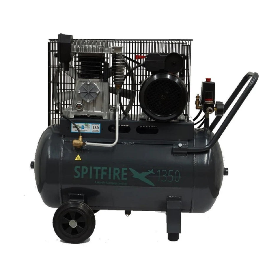 Hindin Marquip Compressor 2.5HP 50L 189plm-SPITFIRE1350. Front view of dark grey compressor with motor in cage on top and green spitfire logo and plane on front.