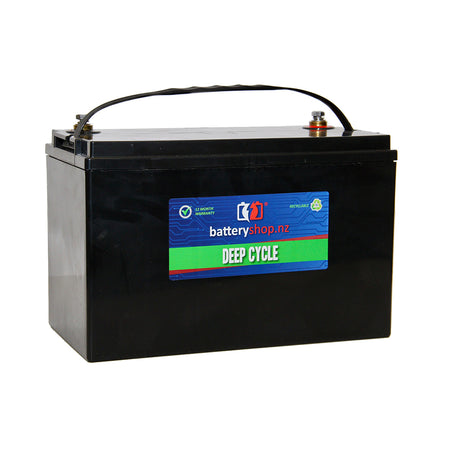 Batteryshop.nz Heavy Duty Battery: Deep Cycle AGM SY12-120DC.  Angled view showing label, terminals and handle.