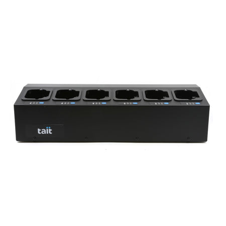 Tait TP8/9 Multi Bay Fast Charger-T03-00013-ABAA. Front view of black multi bay charger with Tait logo on left corner.