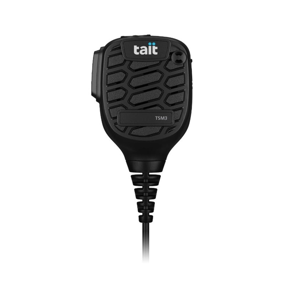 Tait TP3/9 Speaker Microphone, TSM3 1W 3.5mm Audio-T03-00045-NDCA. Front view of black microphone with Tait logo on the top and push to talk button on the side.