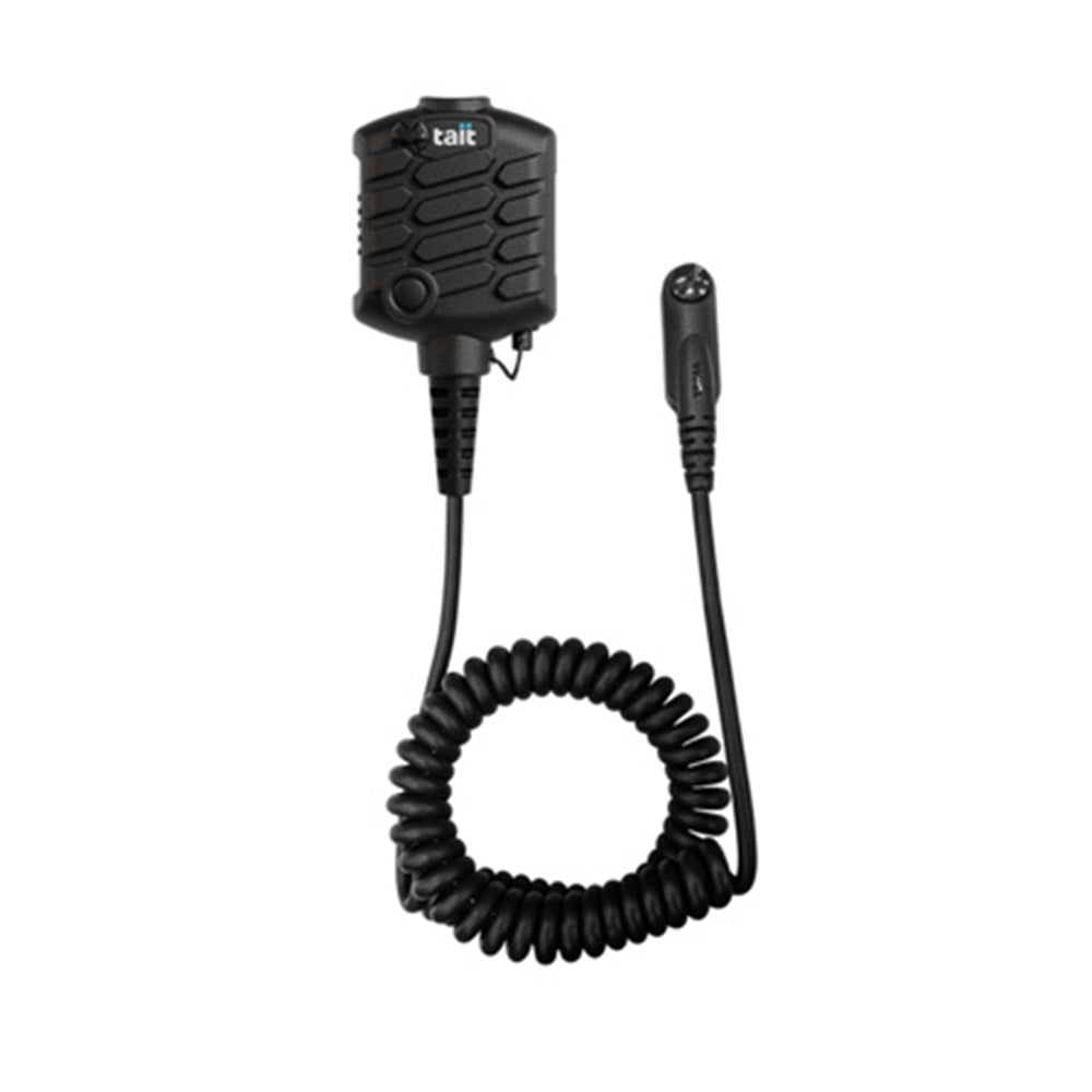 Tait TP3/9 TSM4 Speaker Microphone Heavy Duty 3.5m-T03-00045-PCAA. Front view of black microphone with curled cable and end attachment.