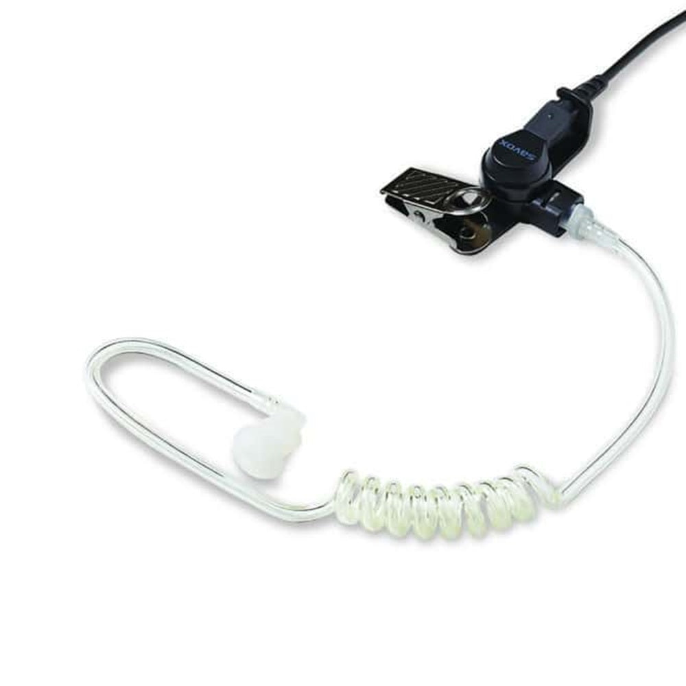 Tait In-Ear Acoustic-tube, 3.5mm RA-Jack-T03-00086-0101. Front view of clear tube with metal clip and black end.