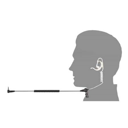 Tait Eartube Earhook 2.5mm-T03-00120-FAAD. Side view of EarTube Ear Hook on grey silhouette of a head showing it fitted.