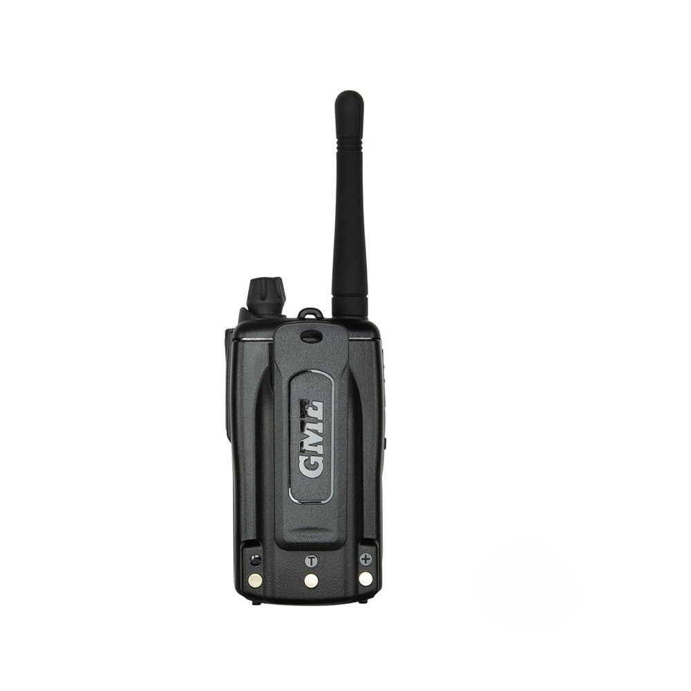 GME 5 Watt UHF Black Handheld Radio-TX6165X. Back view of black radio with black belt clip and black antenna.