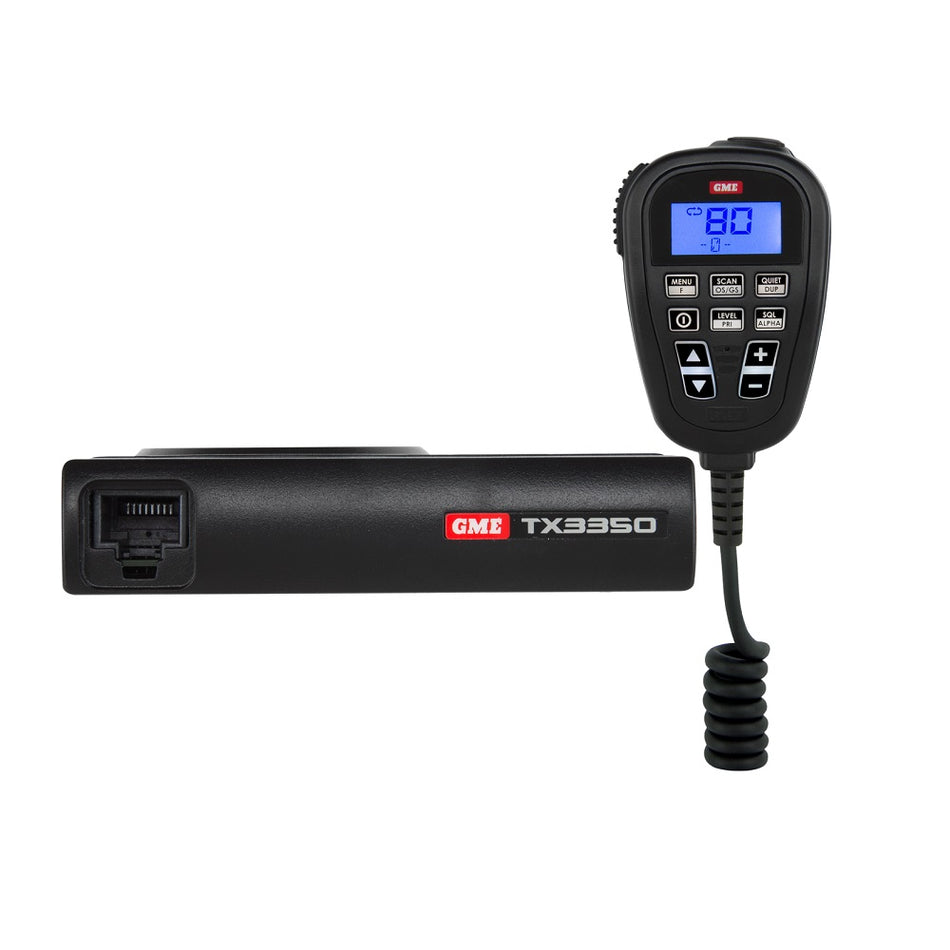 Gme compact Radio UHF CB with LCD Speaker Mic-TX3350. Front view of black radio with white/red GME logo on front and blue LCD screen on microphone.