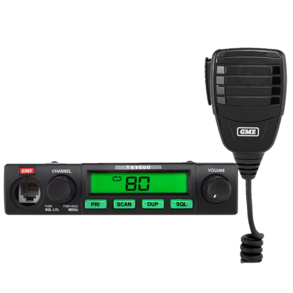 Compact Radio UHF CB with ScanSuite-TX3500S. Front view of black radio with microphone.