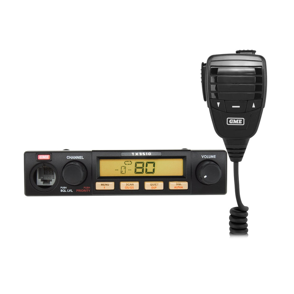 GME Compact Radio UHF CB with ScanSuite-TX3510S. Front view of black LCD screen radio with red/white GME logo with black microphone.
