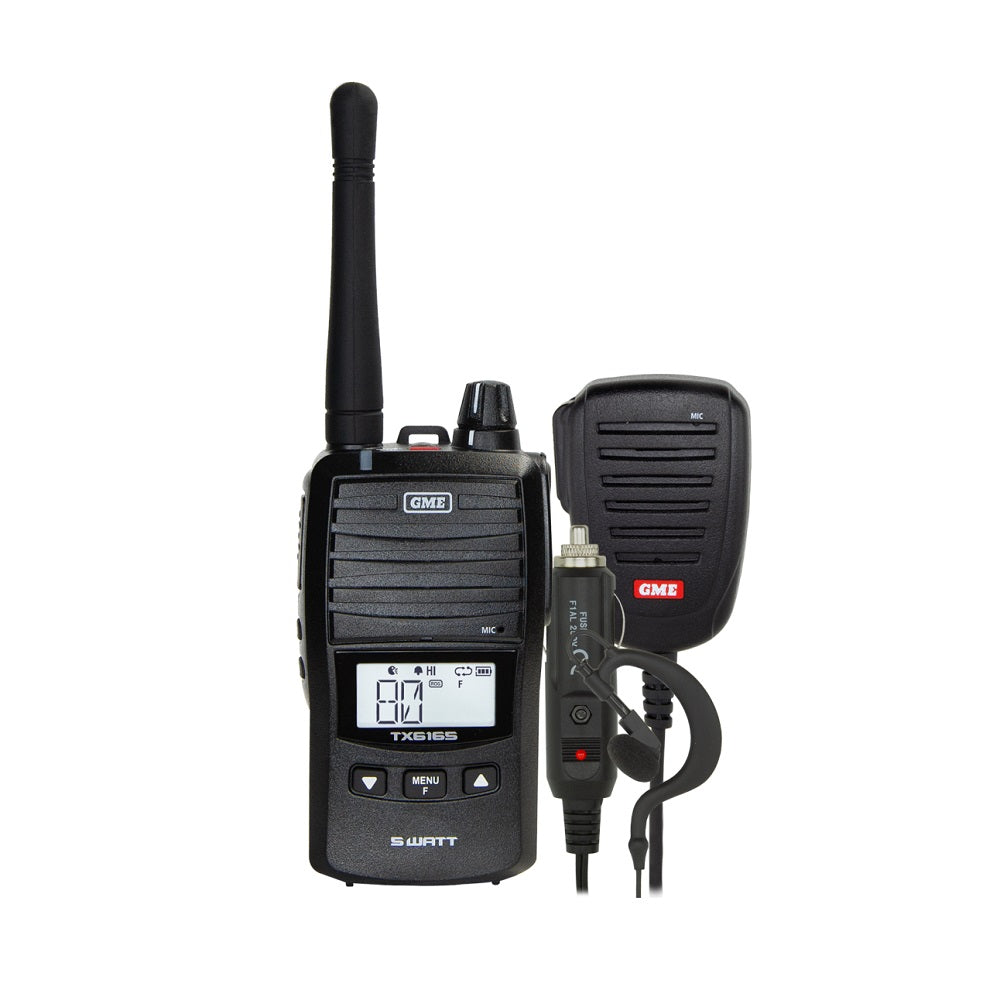 GME 5 Watt Handheld Radio Kit Black-TX6165. Front view of black radio with adaptor and microphone.