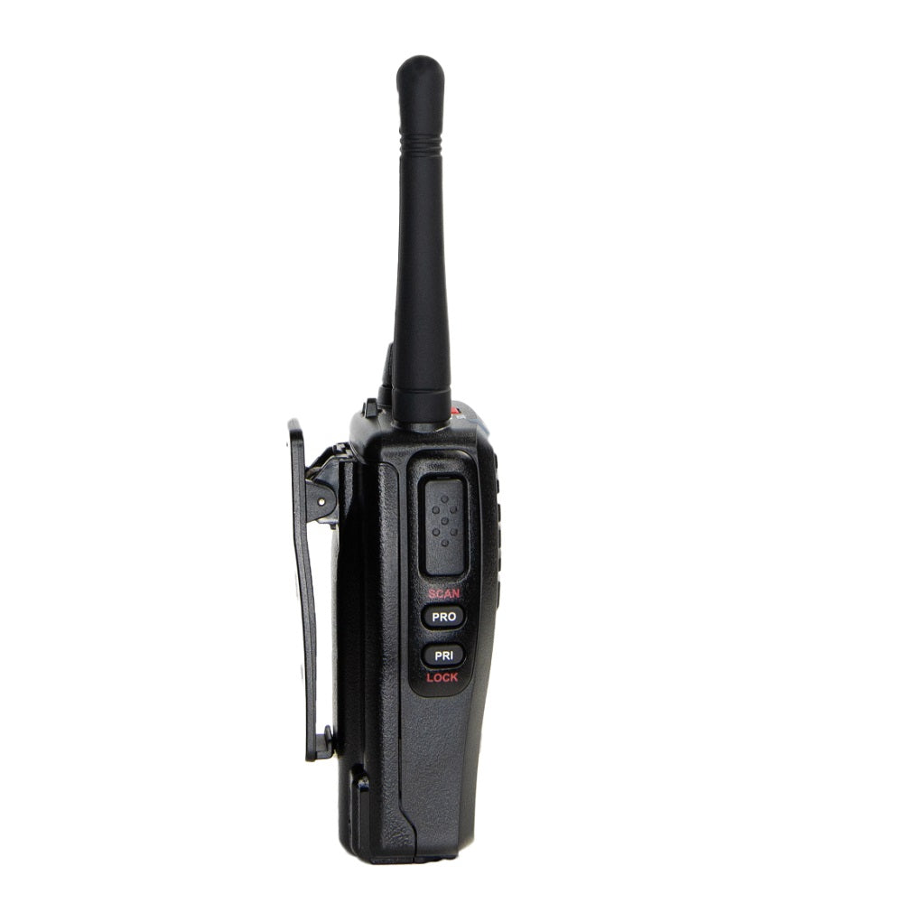 GME 5 Watt Handheld Radio Kit Black-TX6165. Side view of black radio with side buttons and belt clip.