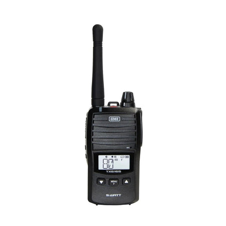 GME Handheld UHF 5w Radio Twin Pack Black W/Case-T6165TP. Front view of black handheld radio.