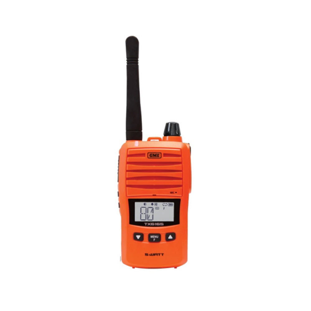 GME Handheld UHF 5w Radio Twin Pack Orange W/Case-TX6165OTP. Front view of orange radio with black antenna.