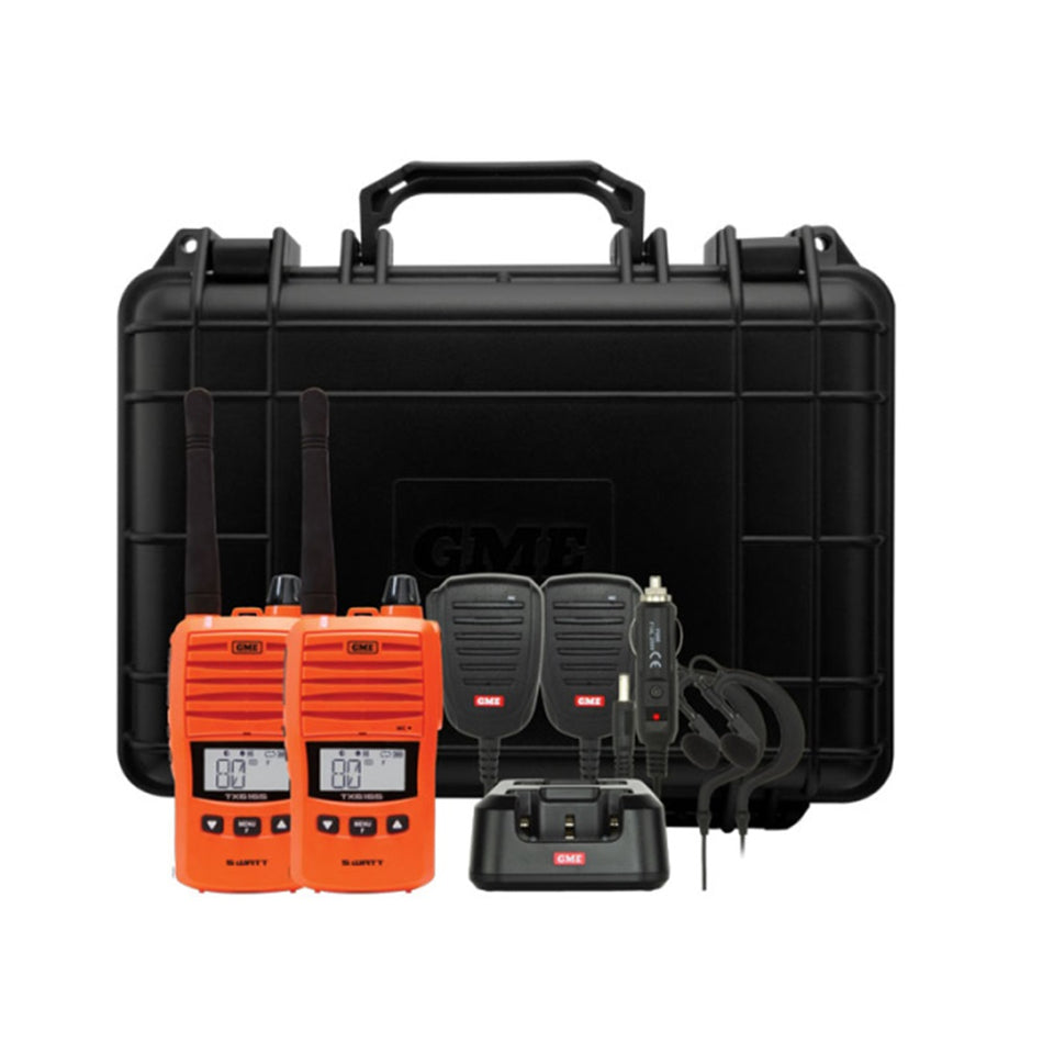 GME Handheld UHF 5w Radio Twin Pack Orange W/Case-TX6165OTP. Front view of black case with 2 orange radios, microphones, charger and earpieces in the front.