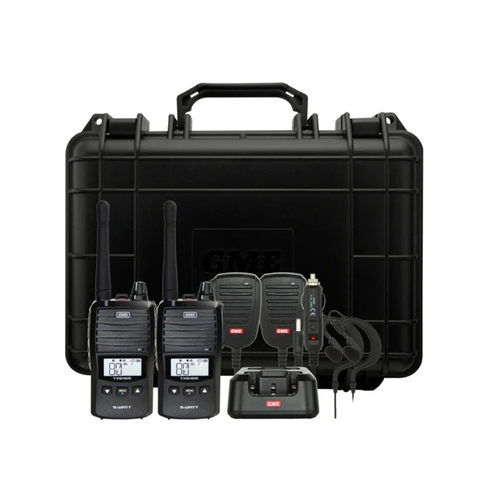 GME Handheld UHF 5w Radio Twin Pack Black W/Case-TX6165TP. Front view of black case with radios, microphones, charger and earpieces in front.