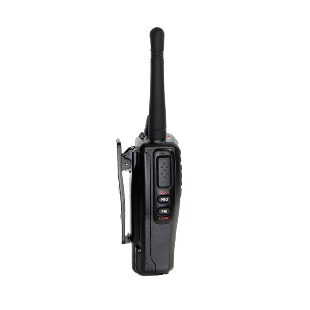 GME 5 Watt UHF Black Handheld Radio-TX6165X. Side view of black radio with belt clip on the back.