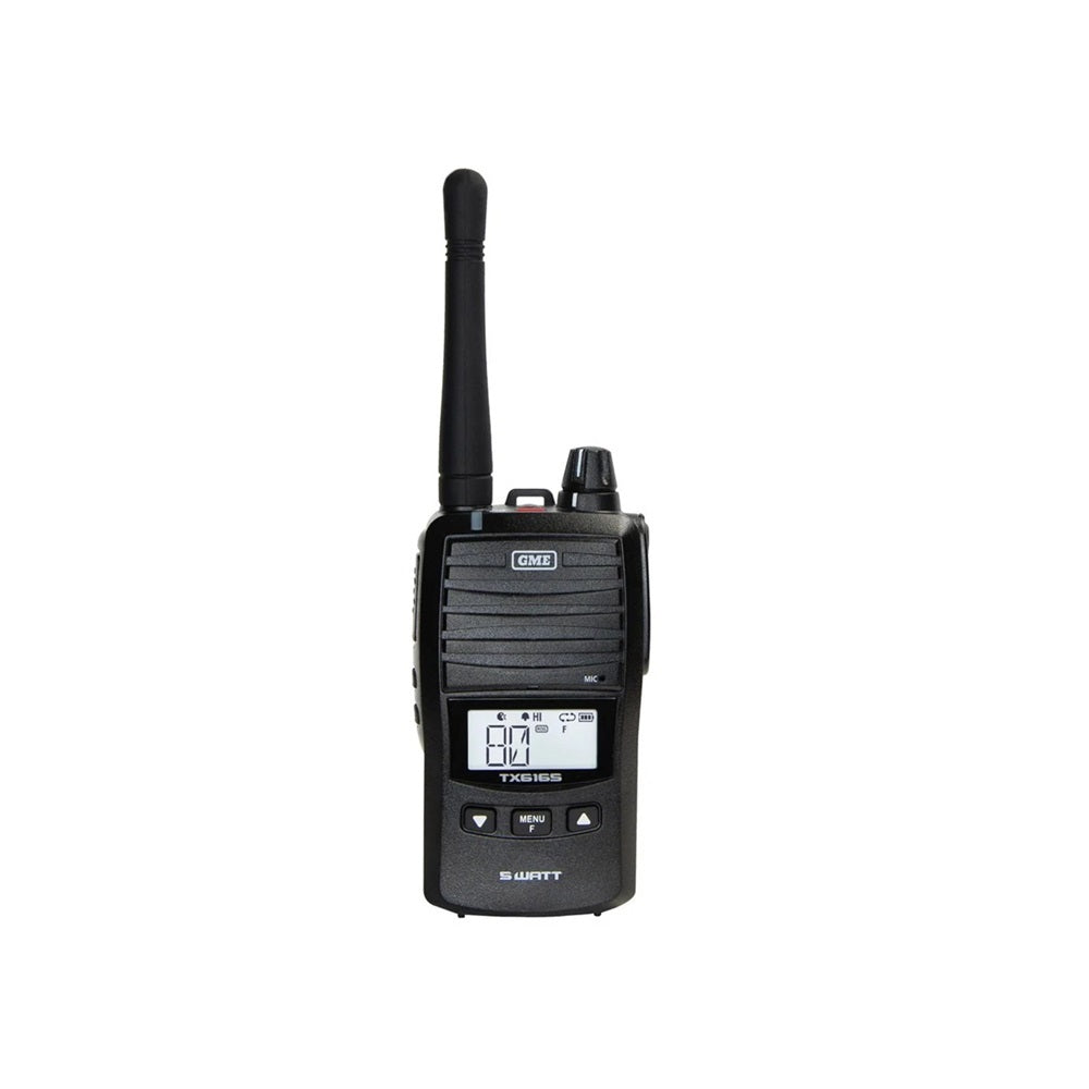 GME 5 Watt UHF Handheld Radio-TX6165X. Front view of black radio with LCD display and black antenna.