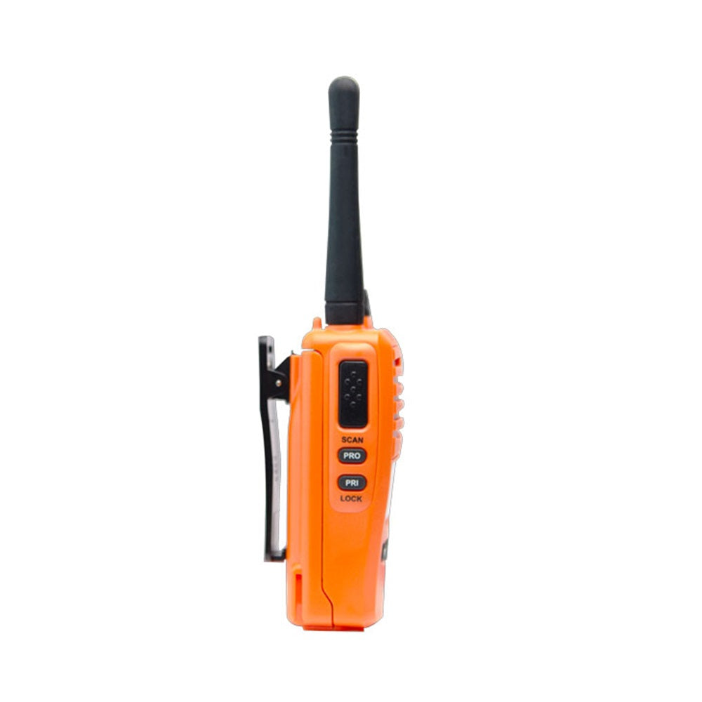 GME 5Watt UHF Orange Handheld Radio-T6165XO. Side view of orange radio with black belt clip and black antenna.